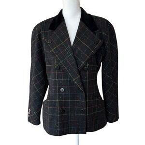 Escada Margaretha Ley Double Breasted Plaid Blazer Jacket Velvet Collar Women 40